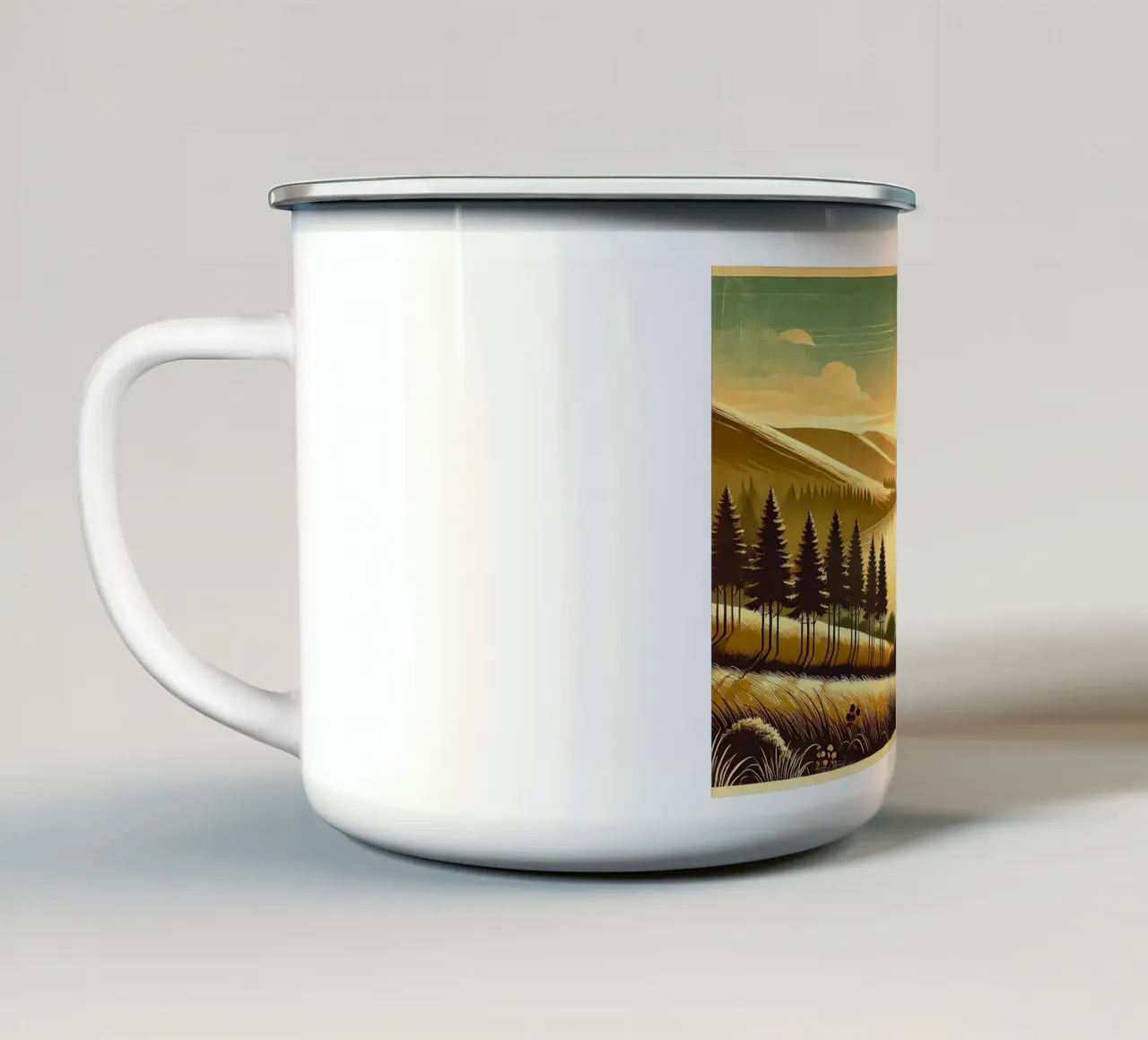 Poster d'epoca con luce mattutina del fiume tazza in smalto da Wanderlust Vibes