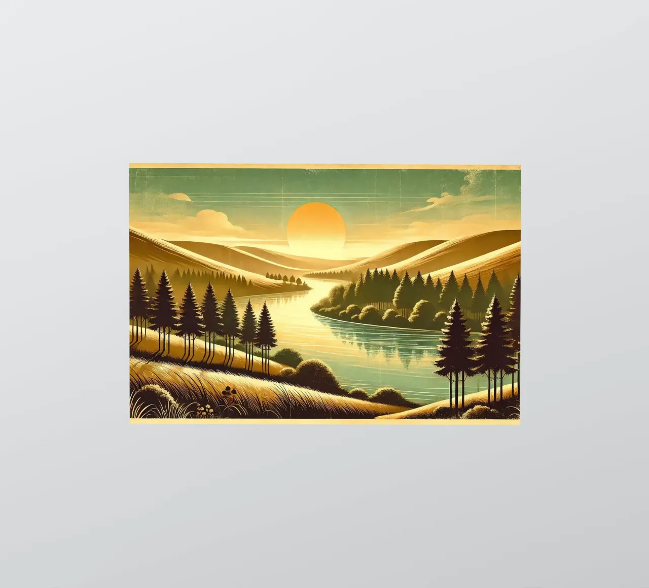 Poster d'epoca con luce mattutina del fiume adesivo da Wanderlust Vibes