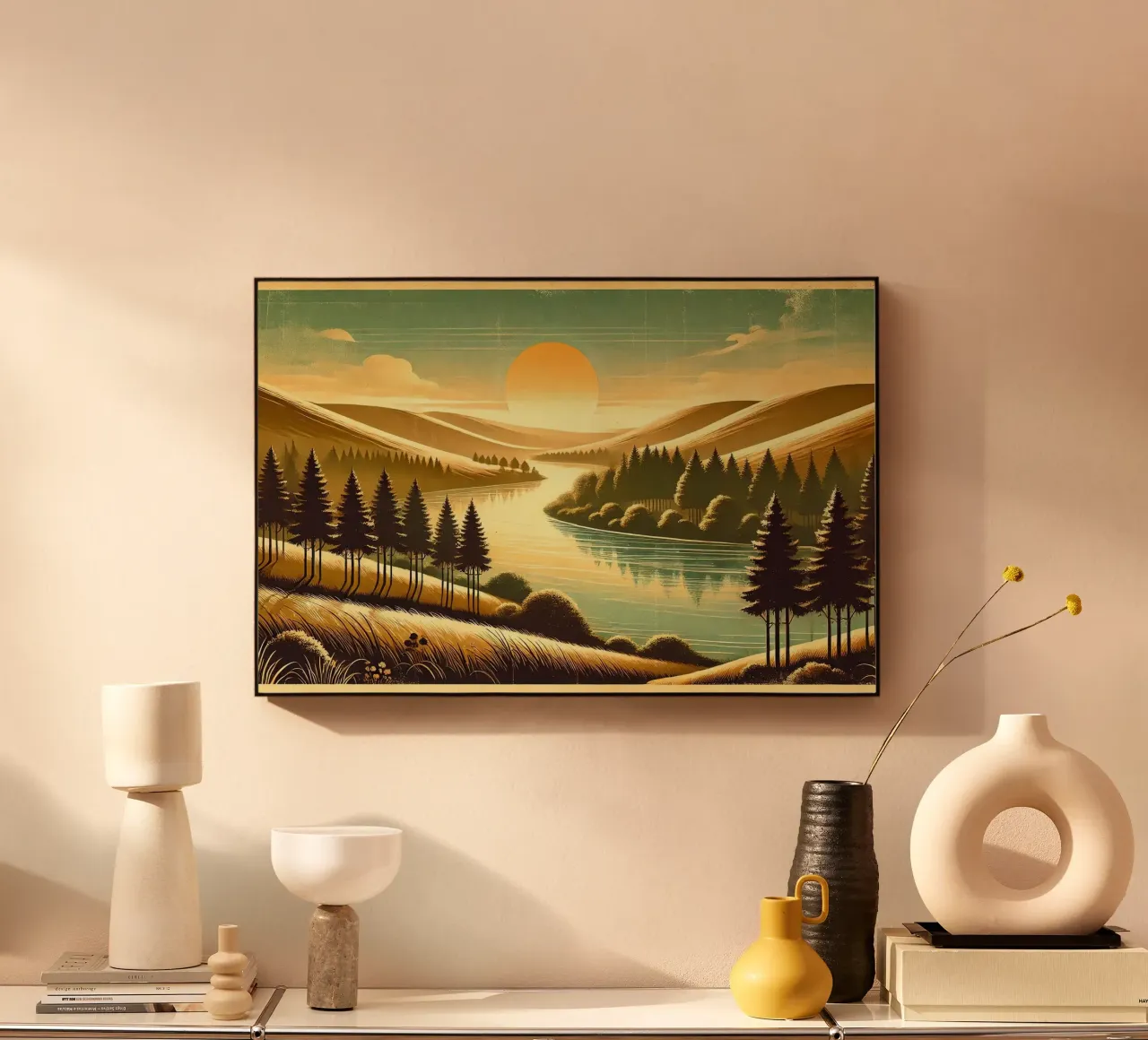 Poster d'epoca con luce mattutina del fiume alluminio dibond da Wanderlust Vibes