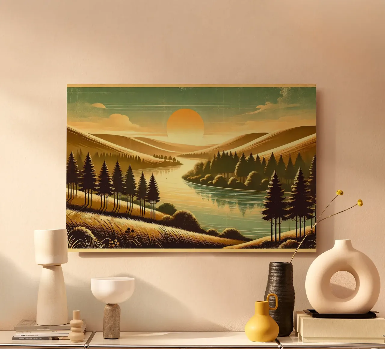 Poster d'epoca con luce mattutina del fiume alluminio dibond da Wanderlust Vibes