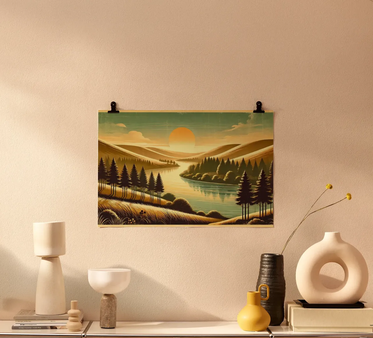 Poster d'epoca con luce mattutina del fiume poster da Wanderlust Vibes