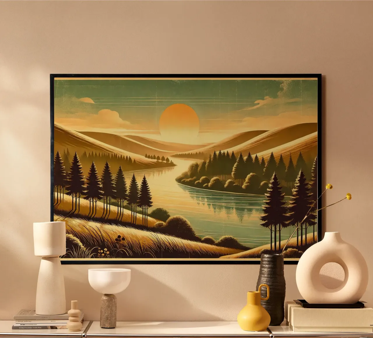 Poster d'epoca con luce mattutina del fiume poster da Wanderlust Vibes
