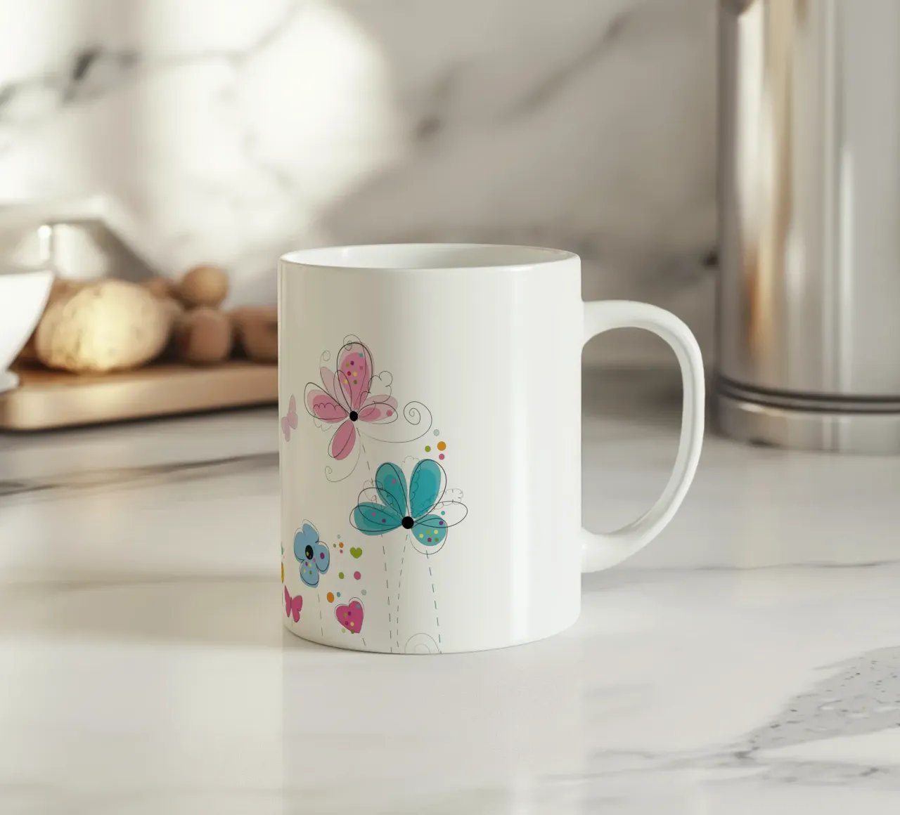 Primavera, fiori colorati a scarabocchio tazza in ceramica da GalerieGG