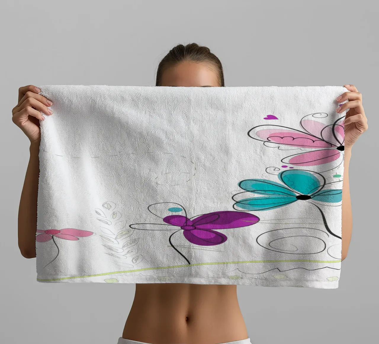Spring time abstract colorful doodle flowers towel by GalerieGG
