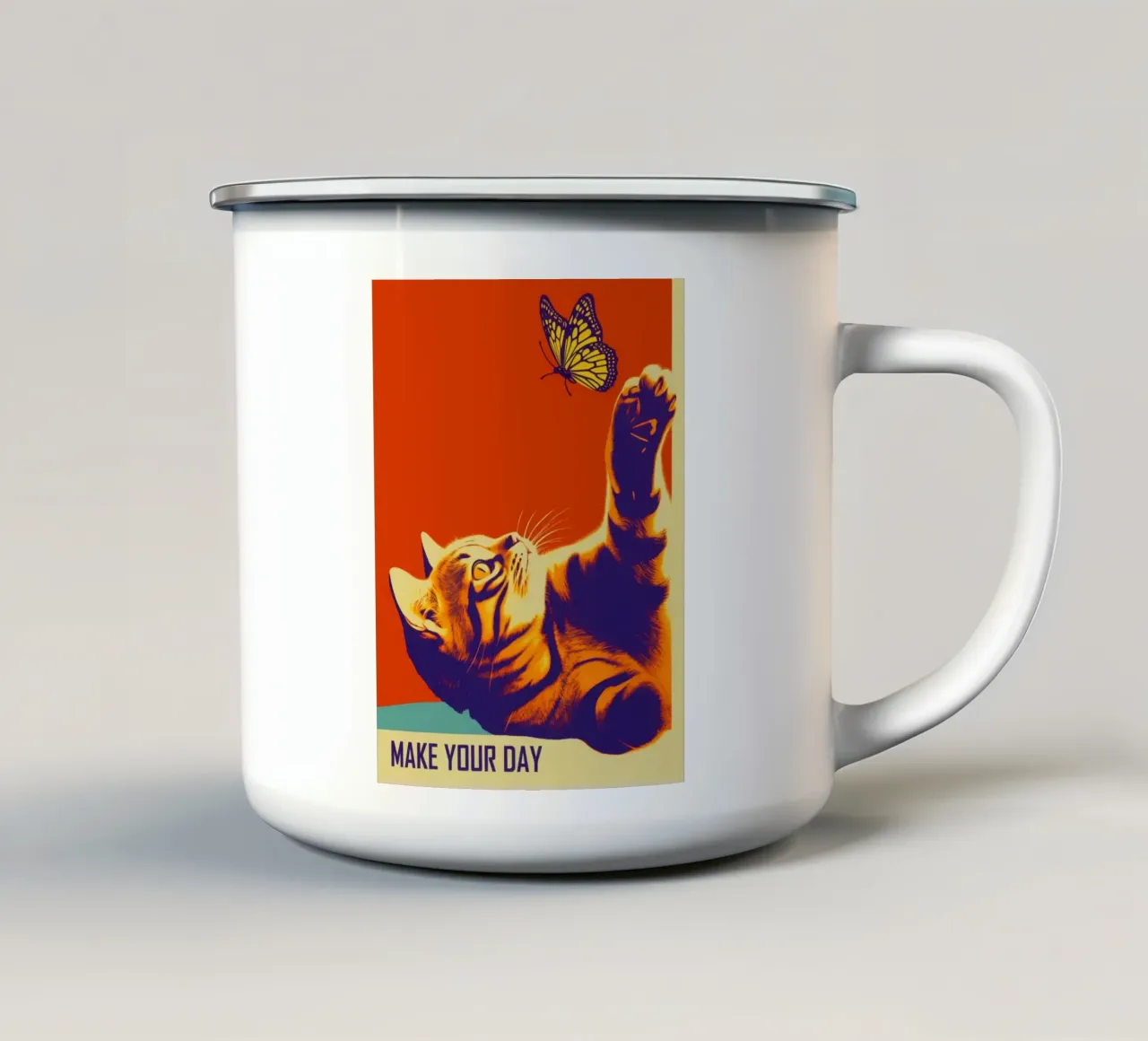 Make Your Day | Gatto e farfalla in stile retrò tazza in smalto da Autofocus