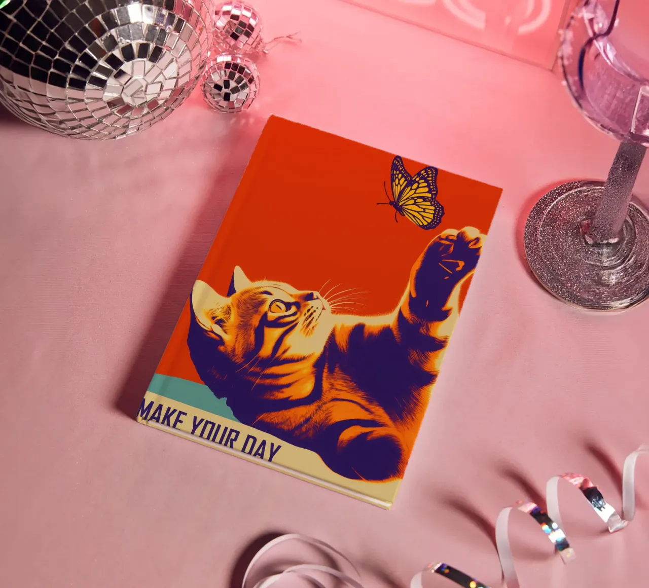 Make Your Day | Cat and butterfly in retro style notebook by Autofocus