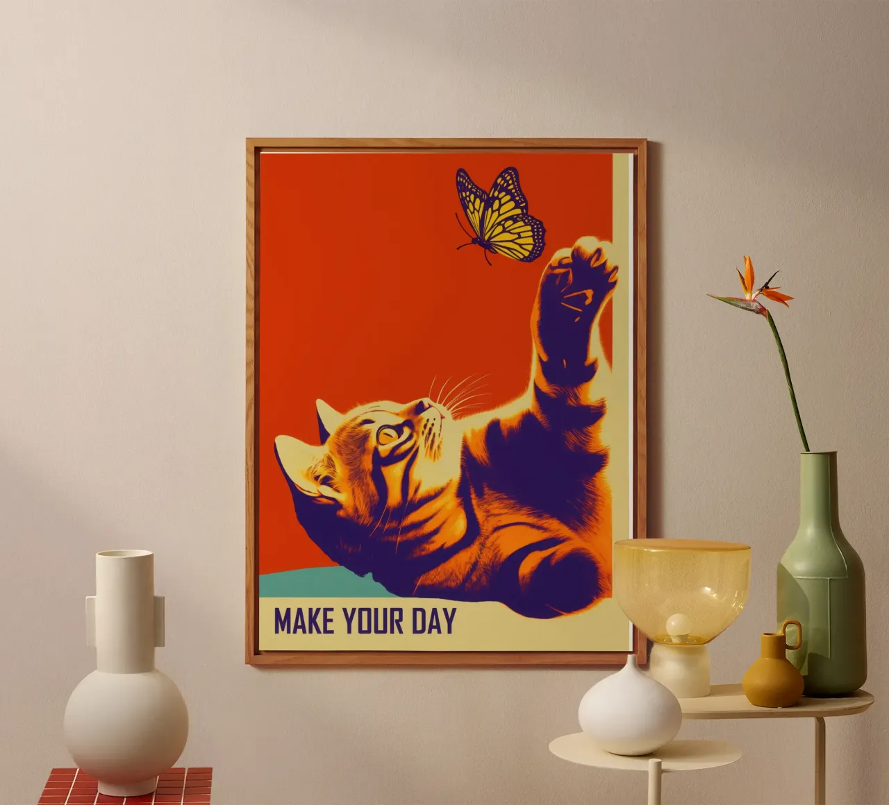 Make Your Day | Gatto e farfalla in stile retrò alluminio dibond da Autofocus