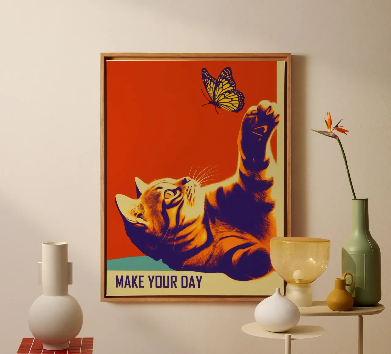 Make Your Day | Katze und Schmetterling im Retro-Stil Leinwand von Autofocus