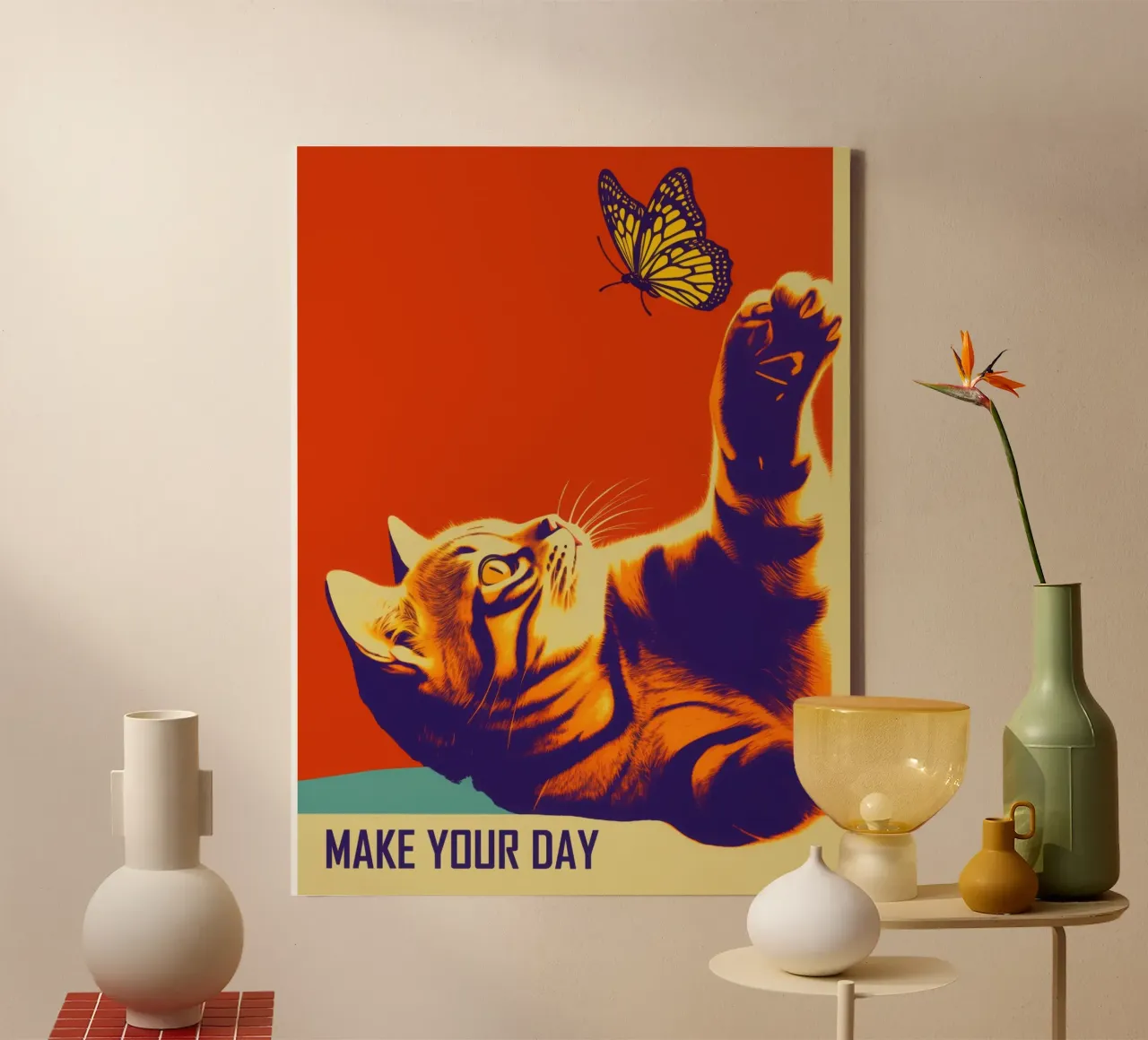 Make Your Day | Katze und Schmetterling im Retro-Stil Leinwand von Autofocus