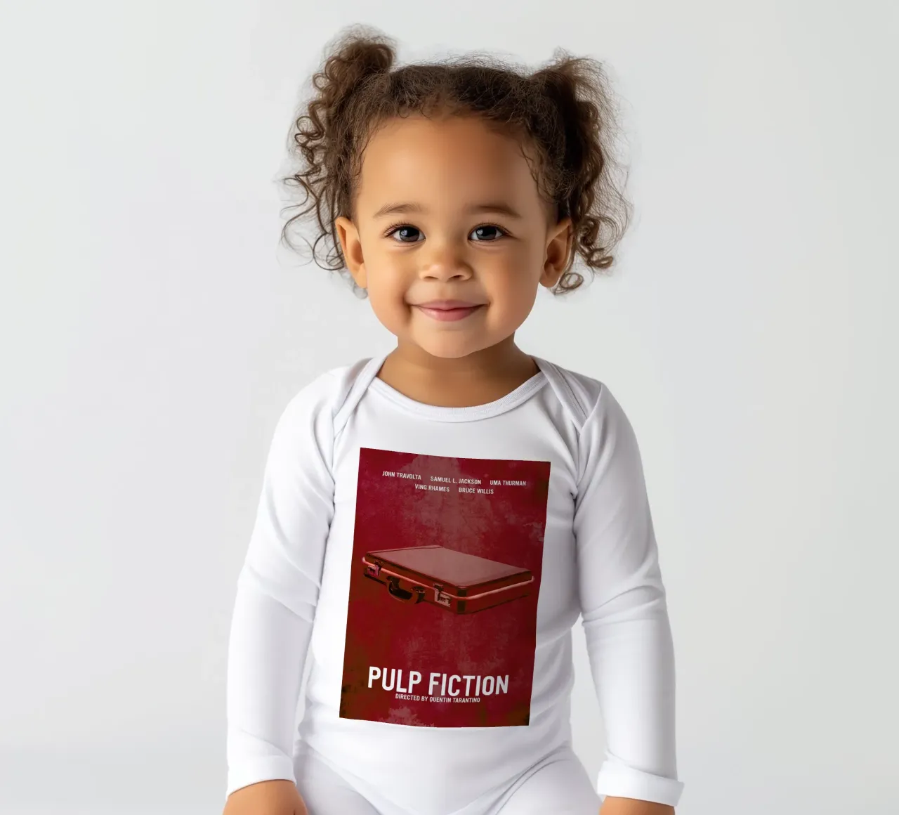Pulp Fiction long-sleeve baby romper by Calm The Ham