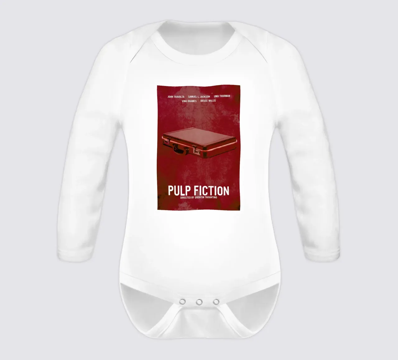 Pulp Fiction long-sleeve baby romper by Calm The Ham