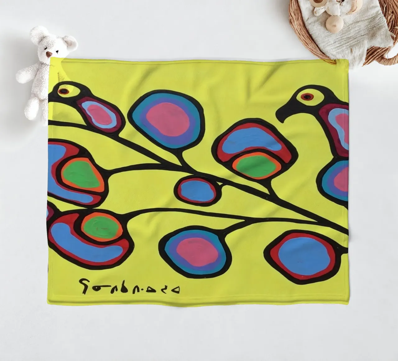 Norval Morrisseau Uccelli su un ramo coperta in pile da Riley Art Studio