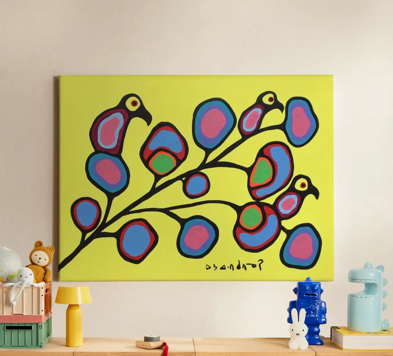 Norval Morrisseau Uccelli su un ramo tela da Riley Art Studio