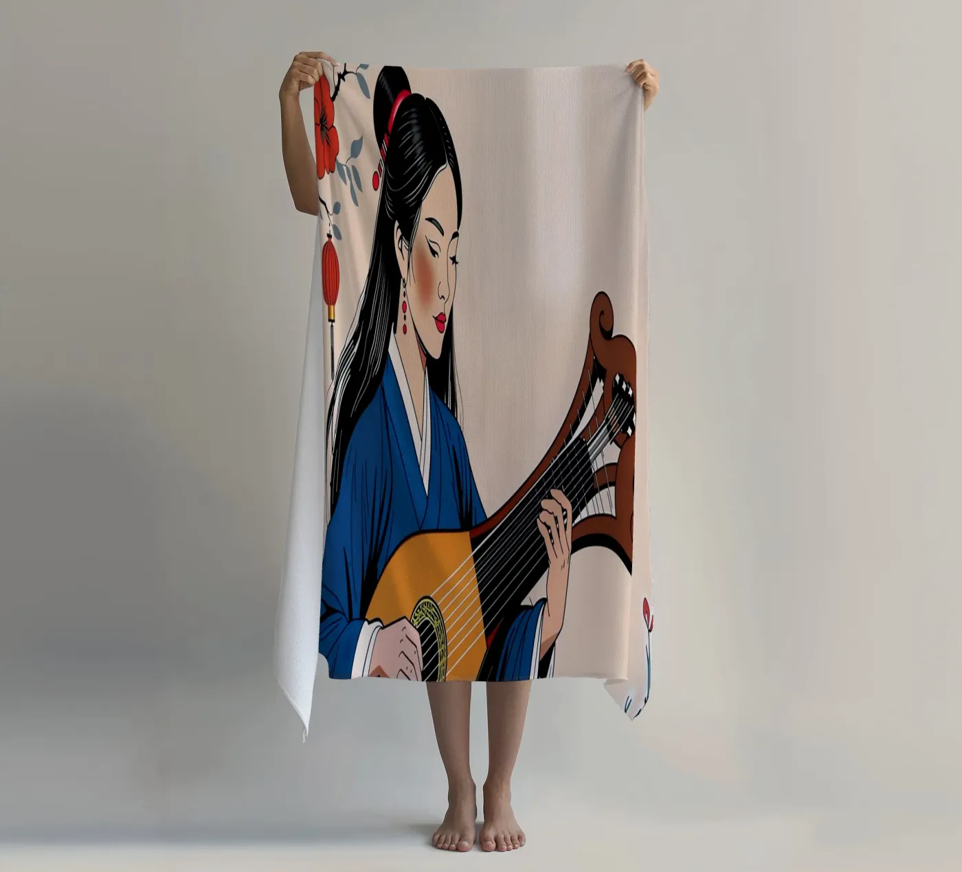 Woman and lute beach towel by Piccola Serenata