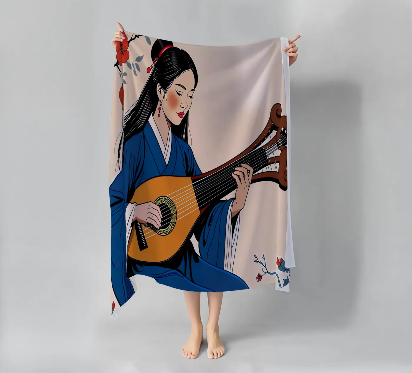 Woman and lute beach towel by Piccola Serenata