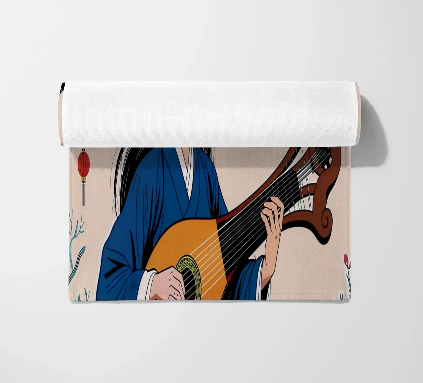 Woman and lute beach towel by Piccola Serenata