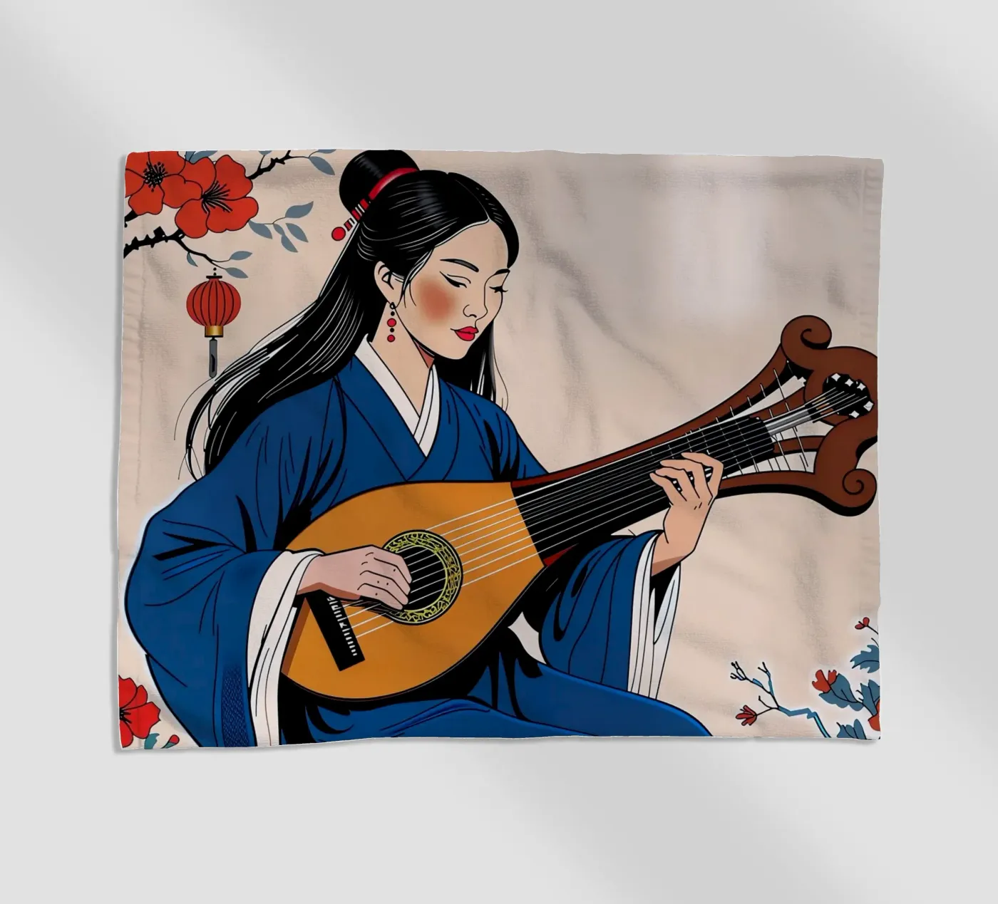 Woman and lute beach towel by Piccola Serenata