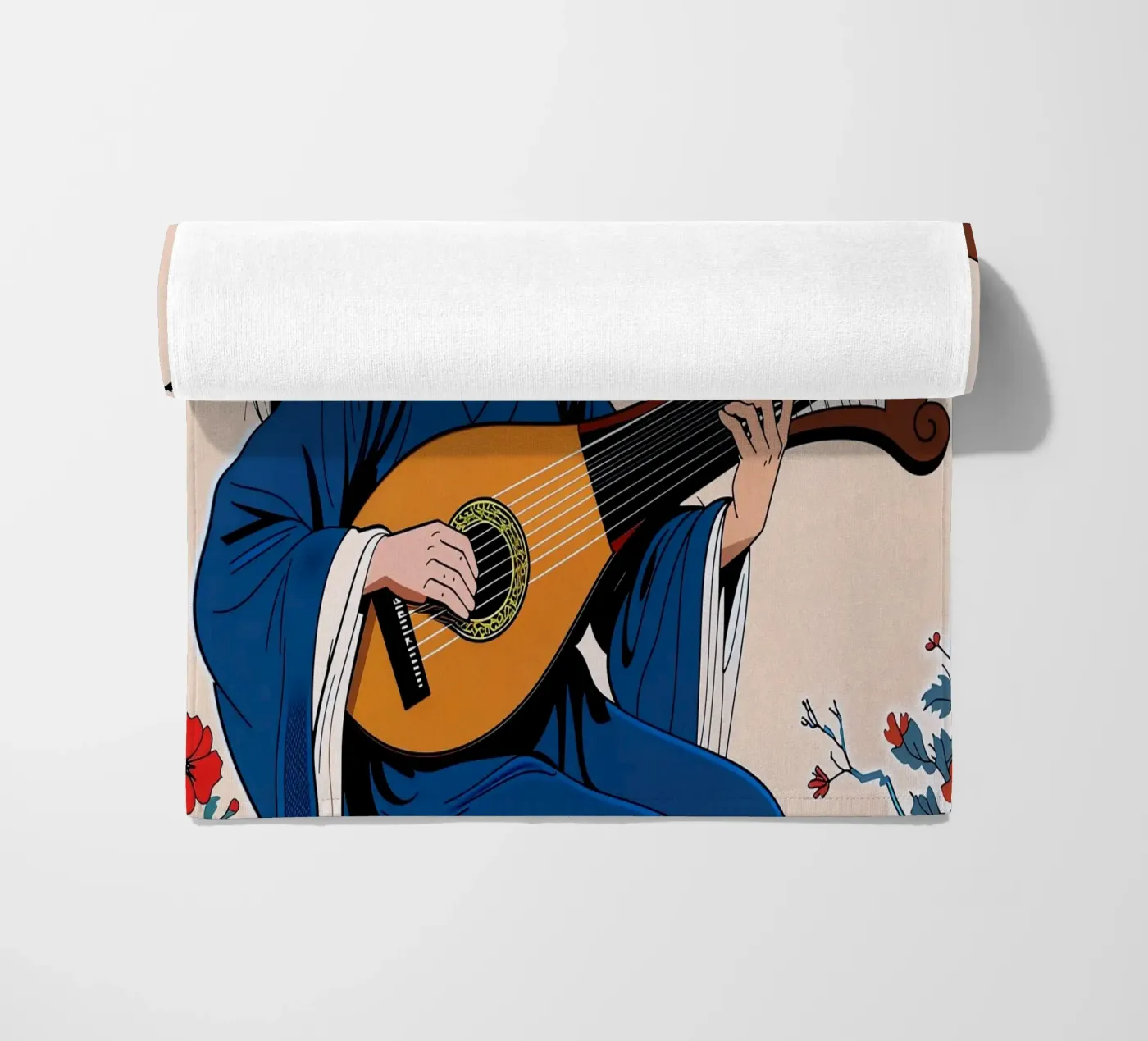 Woman and lute beach towel by Piccola Serenata