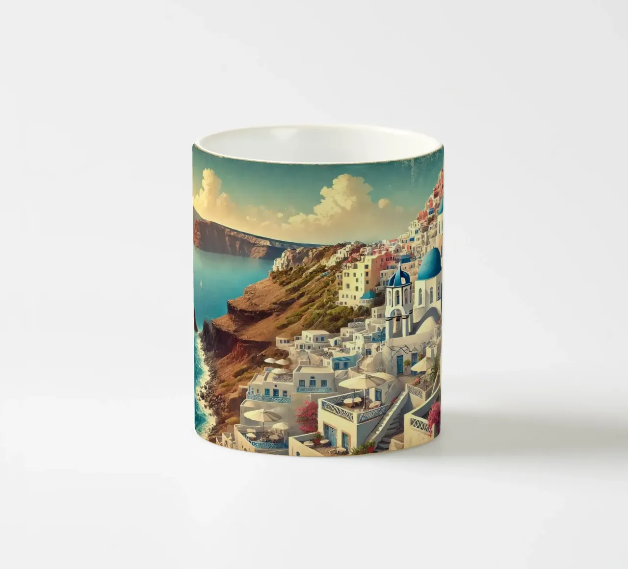 Poster d'epoca sulla scogliera di Santorini, Grecia tazza in ceramica da Wanderlust Vibes