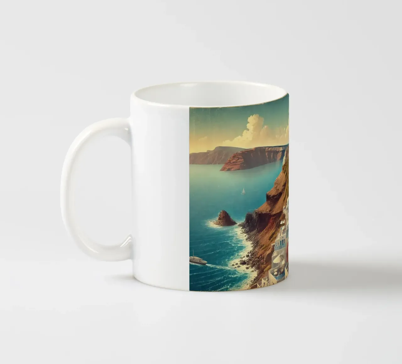 Poster d'epoca sulla scogliera di Santorini, Grecia tazza in ceramica da Wanderlust Vibes