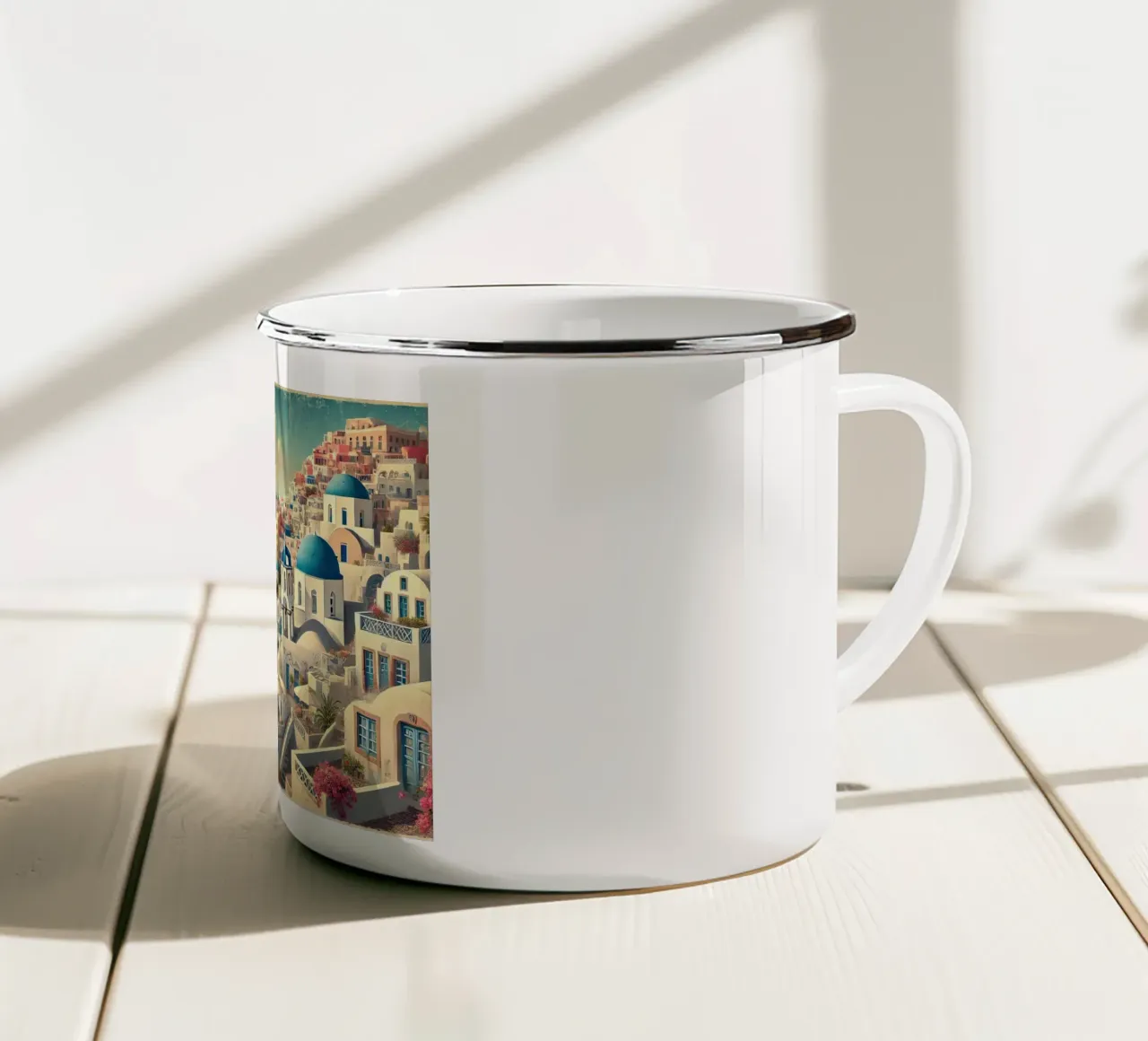 Poster d'epoca sulla scogliera di Santorini, Grecia tazza in smalto da Wanderlust Vibes