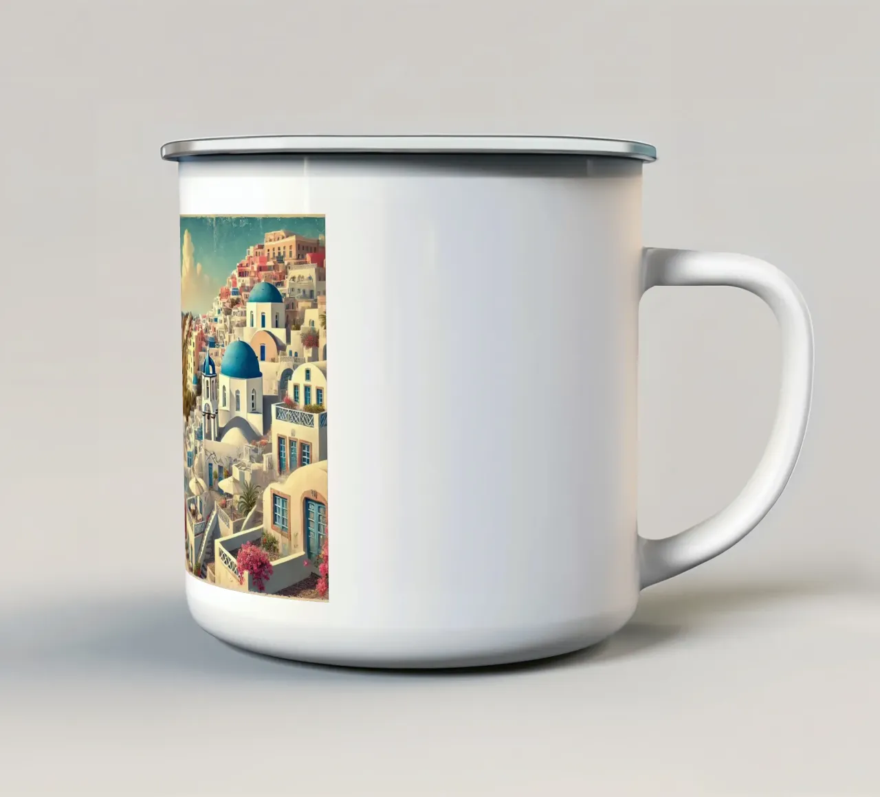 Poster d'epoca sulla scogliera di Santorini, Grecia tazza in smalto da Wanderlust Vibes