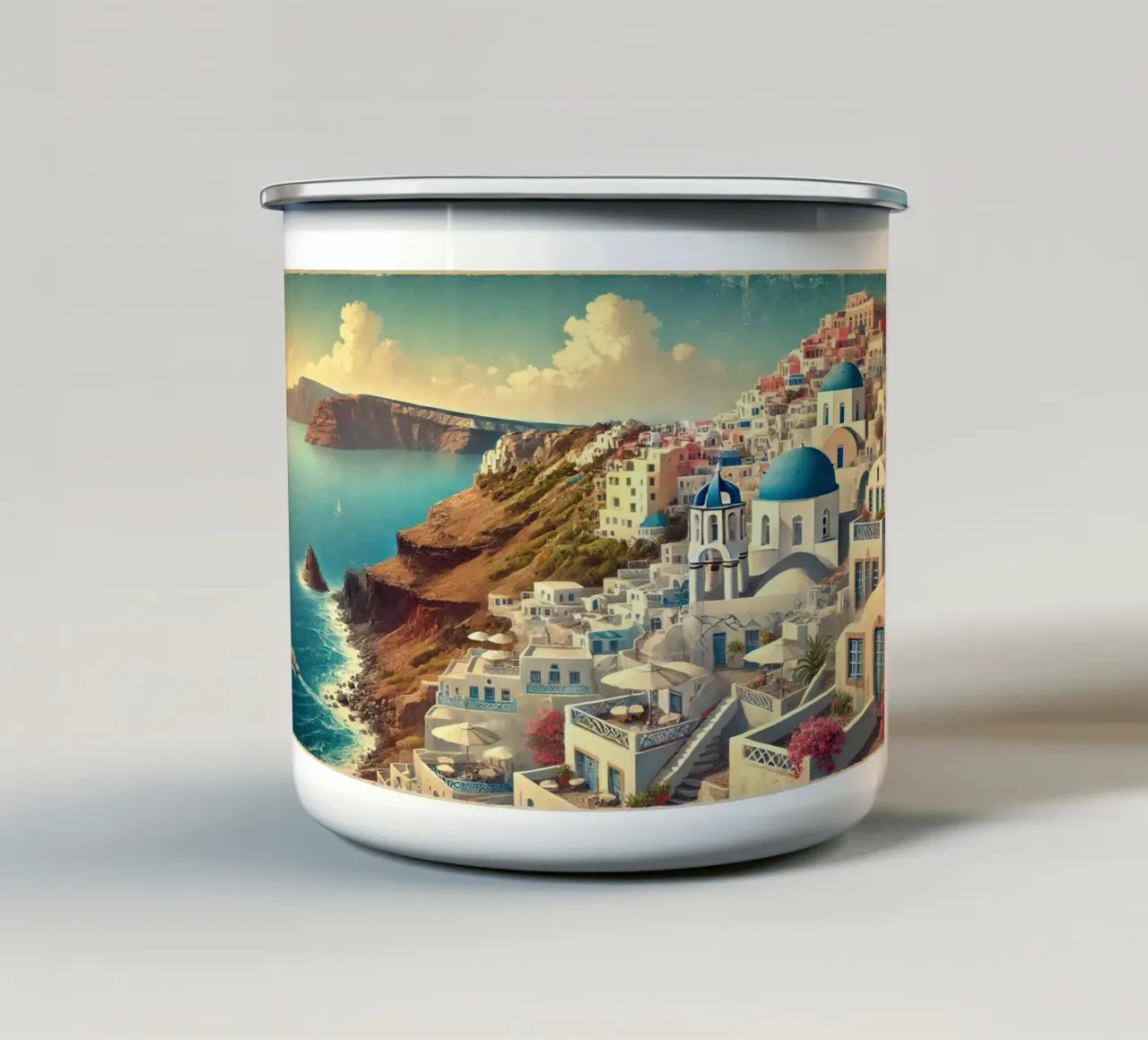 Poster d'epoca sulla scogliera di Santorini, Grecia tazza in smalto da Wanderlust Vibes