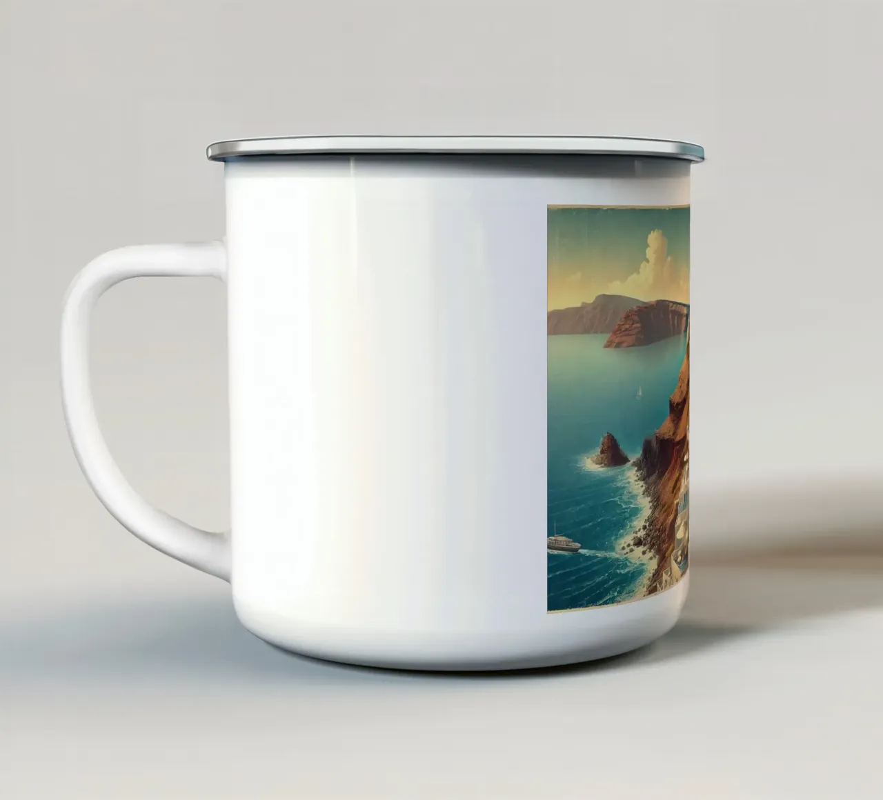 Poster d'epoca sulla scogliera di Santorini, Grecia tazza in smalto da Wanderlust Vibes