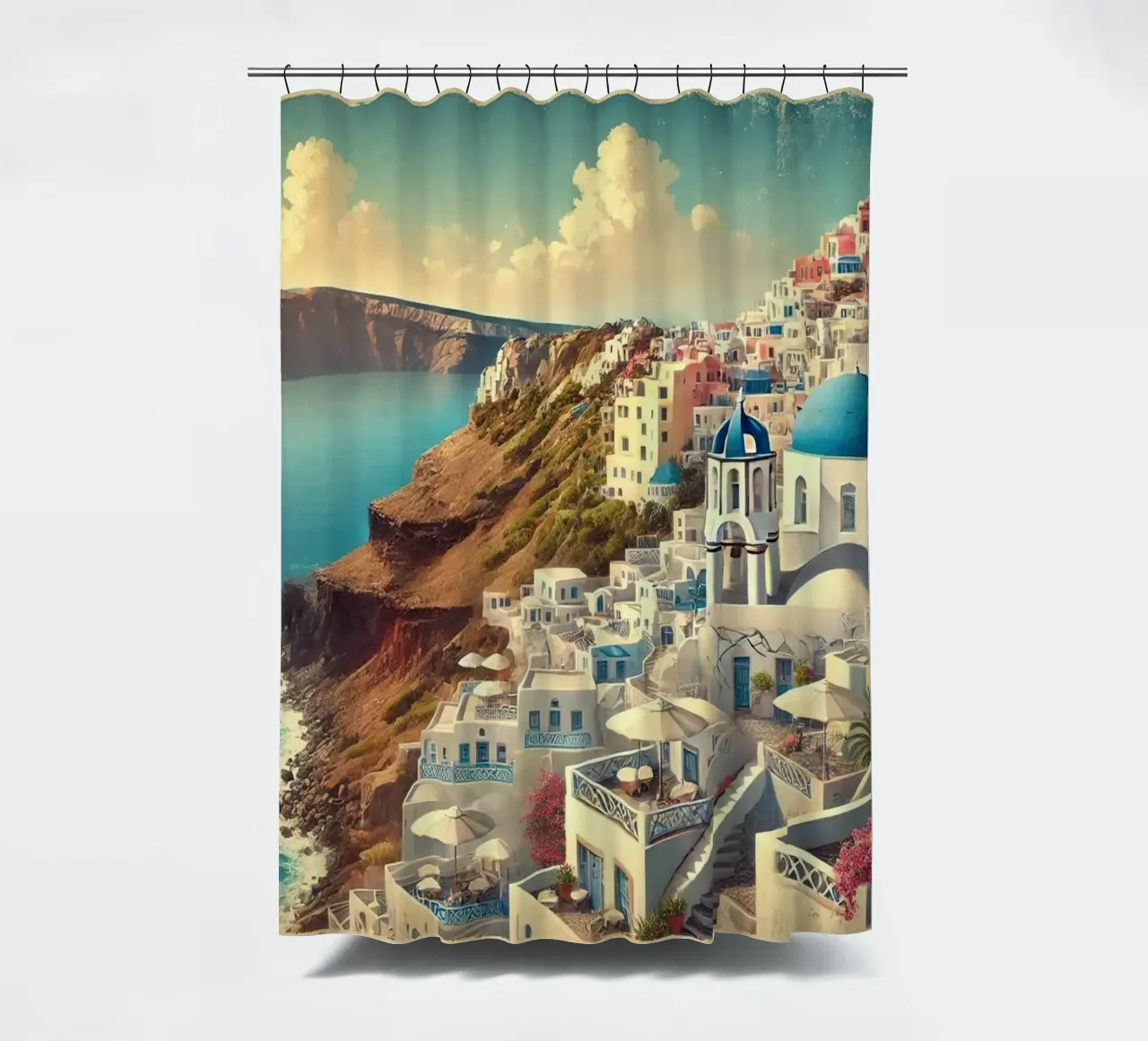 Poster d'epoca sulla scogliera di Santorini, Grecia tenda da doccia da Wanderlust Vibes