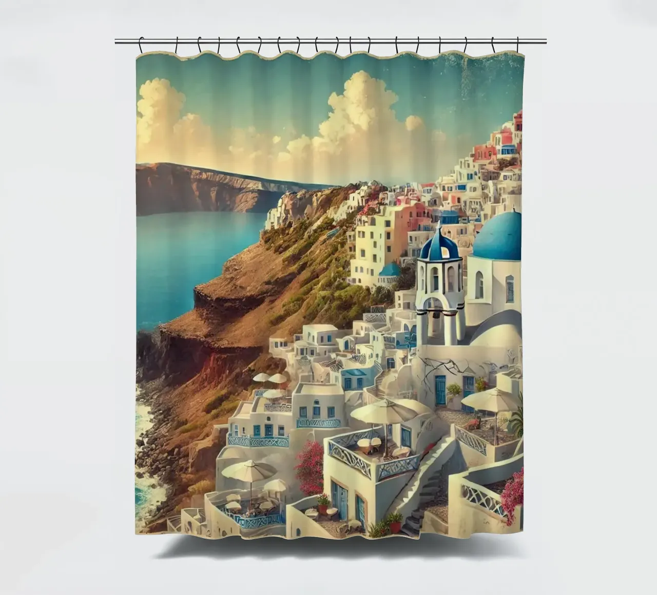 Poster d'epoca sulla scogliera di Santorini, Grecia tenda da doccia da Wanderlust Vibes
