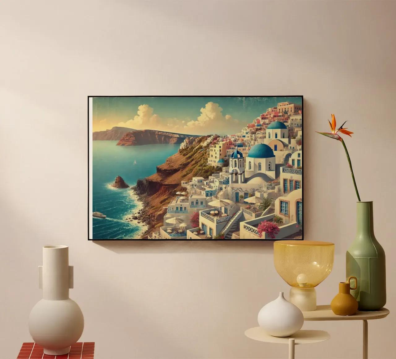 Poster d'epoca sulla scogliera di Santorini, Grecia plexiglass da Wanderlust Vibes