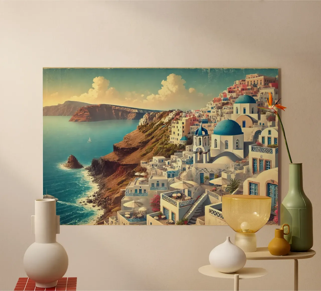 Poster d'epoca sulla scogliera di Santorini, Grecia plexiglass da Wanderlust Vibes