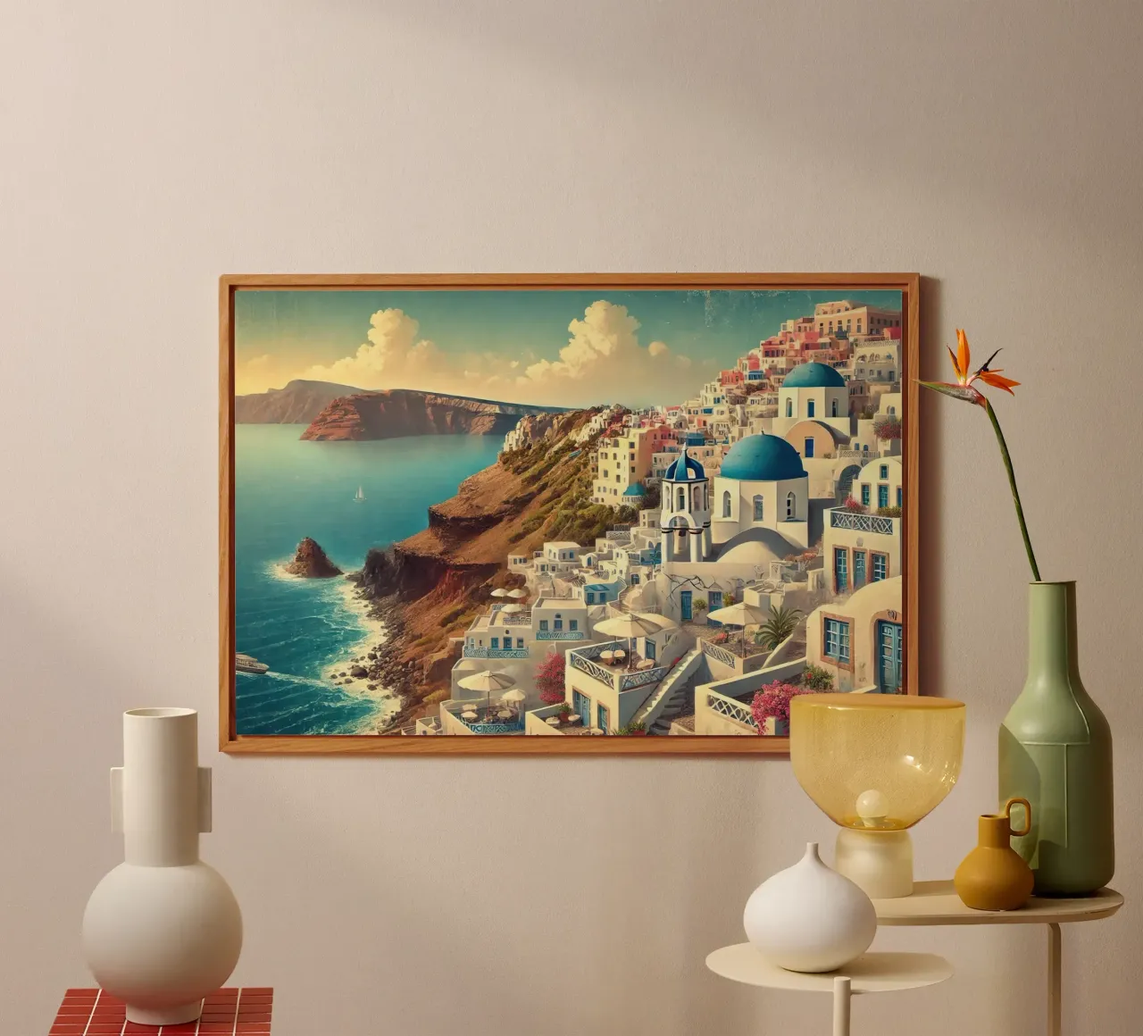 Poster d'epoca sulla scogliera di Santorini, Grecia alluminio dibond da Wanderlust Vibes