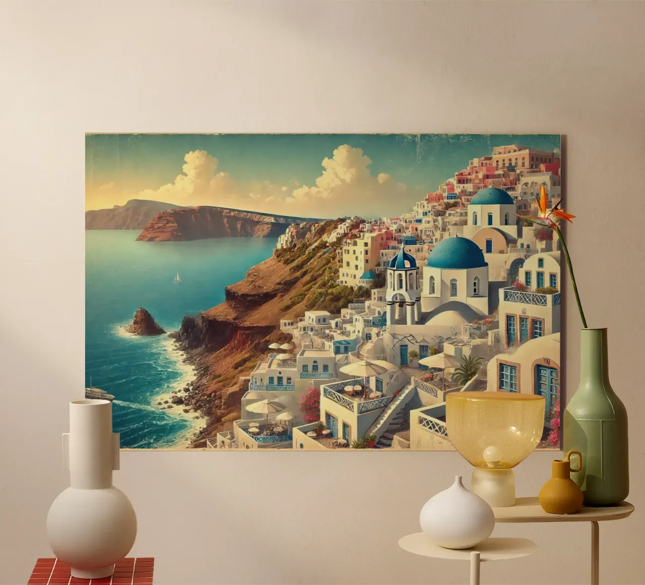 Poster d'epoca sulla scogliera di Santorini, Grecia alluminio dibond da Wanderlust Vibes