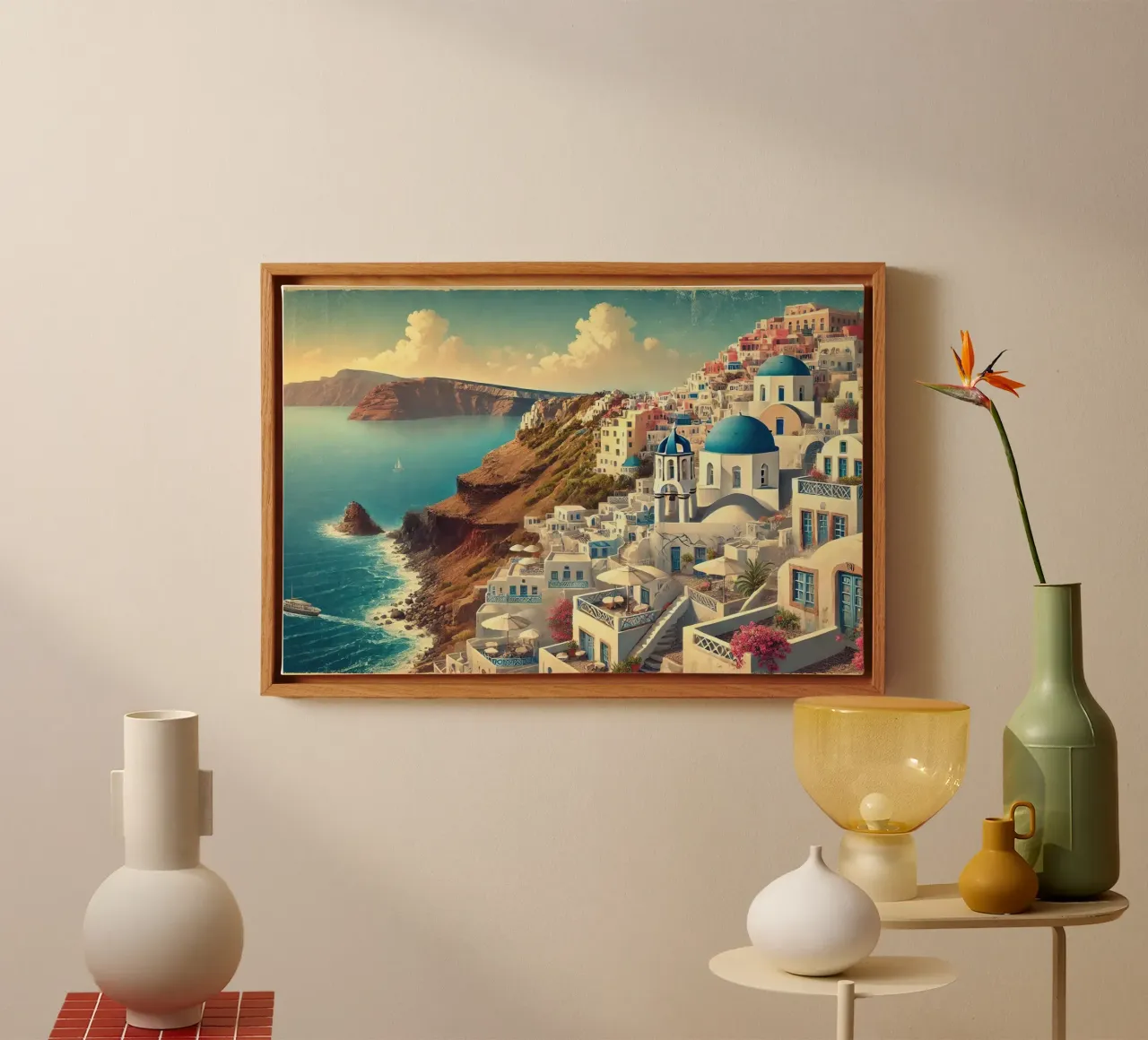 Poster d'epoca sulla scogliera di Santorini, Grecia tela da Wanderlust Vibes