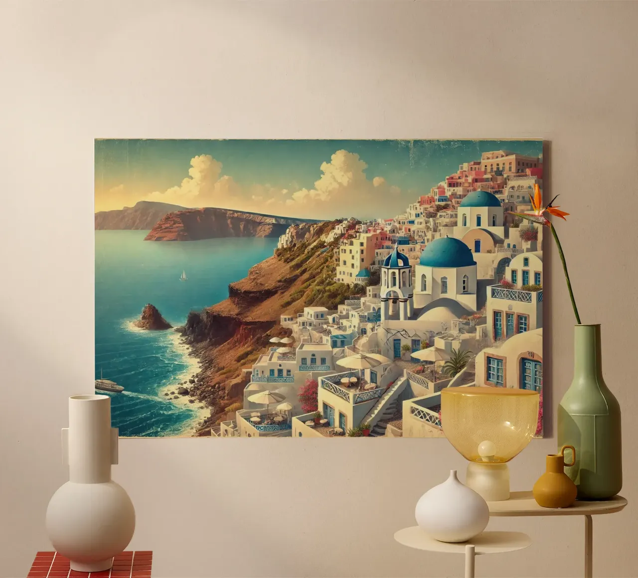 Poster d'epoca sulla scogliera di Santorini, Grecia tela da Wanderlust Vibes