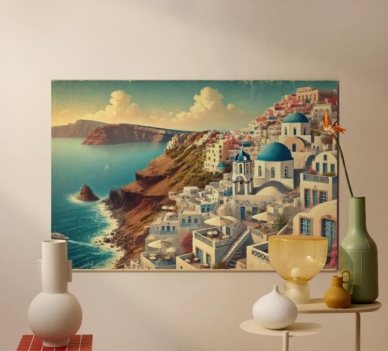 Poster d'epoca sulla scogliera di Santorini, Grecia carta hahnemühle da Wanderlust Vibes