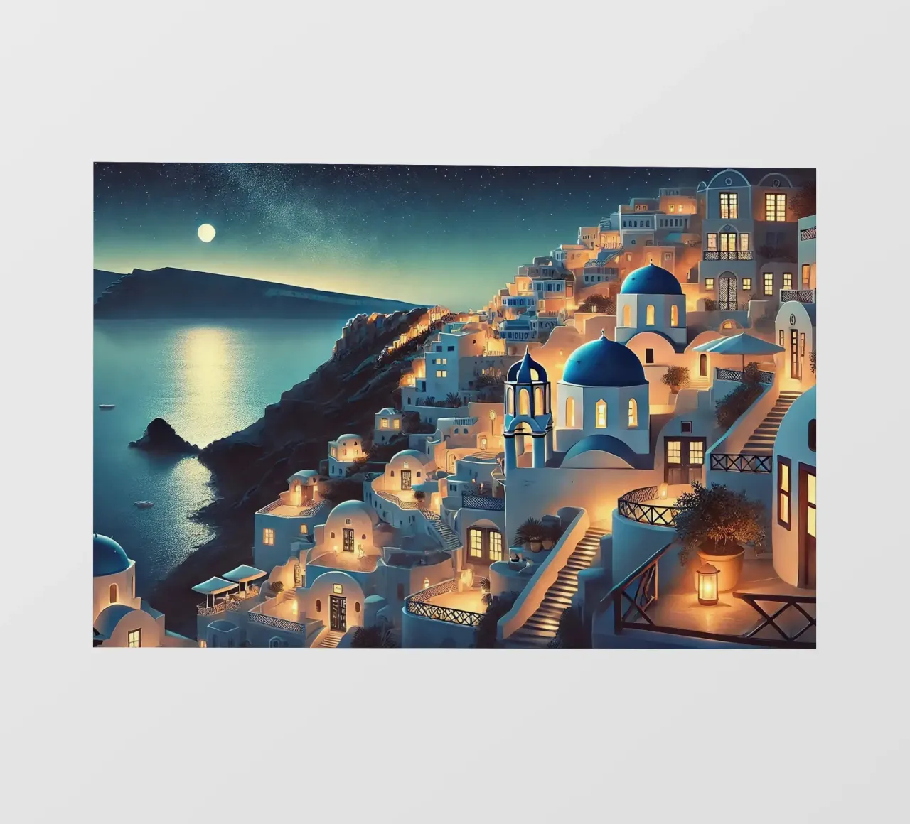 Poster notturno vintage di Santorini, Grecia pellicola backlit da Wanderlust Vibes