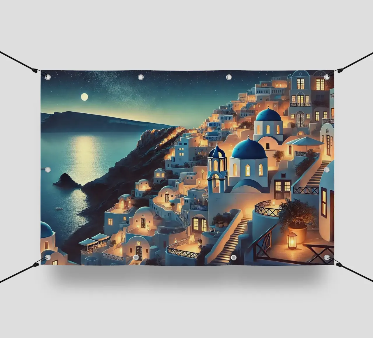 Poster notturno vintage di Santorini, Grecia telo in pvc da Wanderlust Vibes