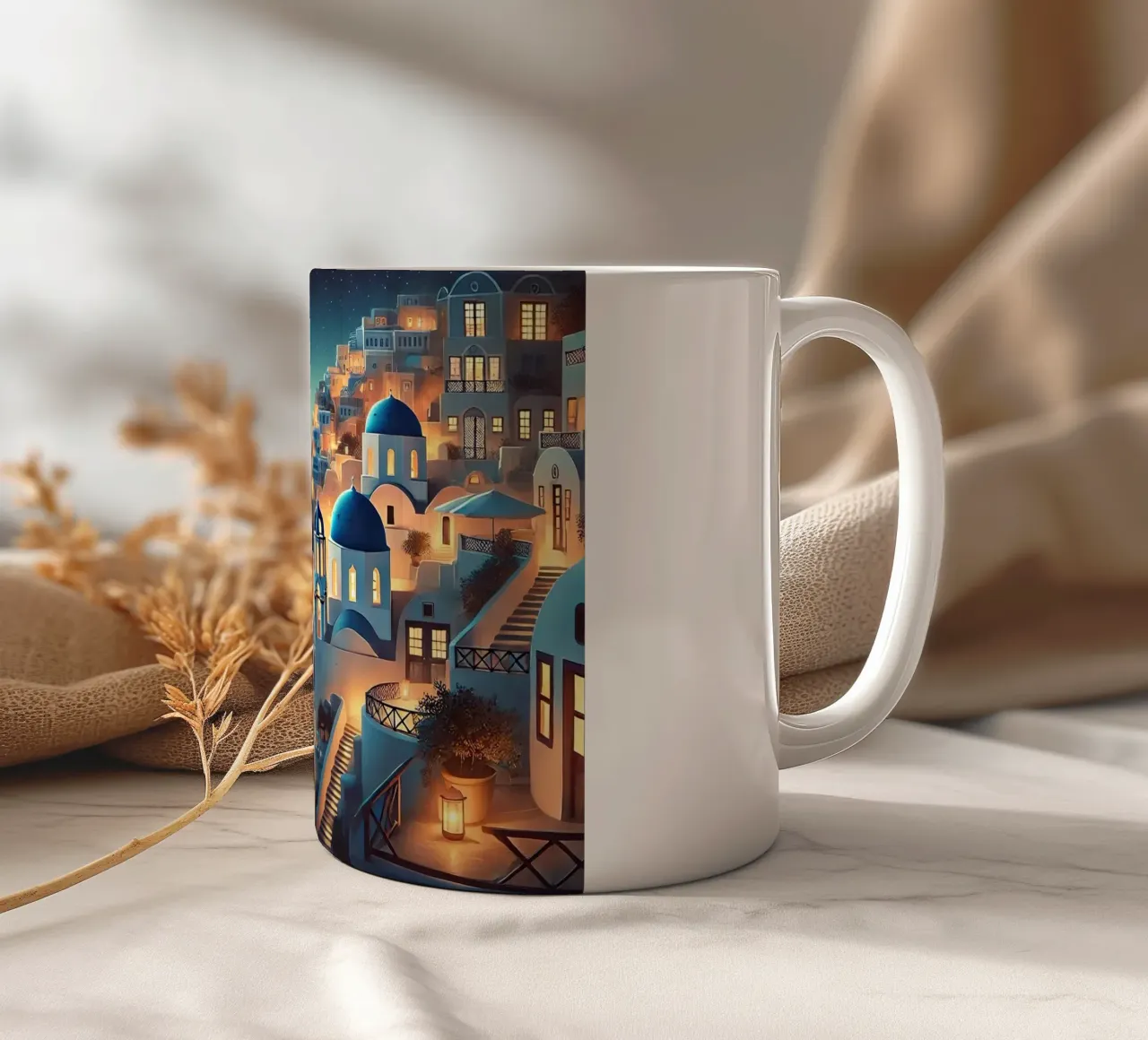 Poster notturno vintage di Santorini, Grecia tazza in ceramica da Wanderlust Vibes