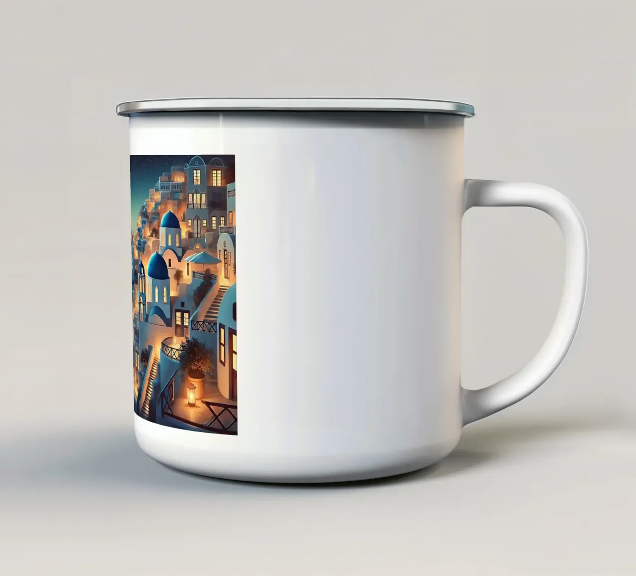 Poster notturno vintage di Santorini, Grecia tazza in smalto da Wanderlust Vibes