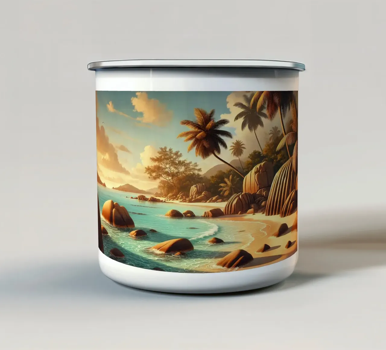 Poster vintage delle Seychelles, paradiso oceanico tazza in smalto da Wanderlust Vibes