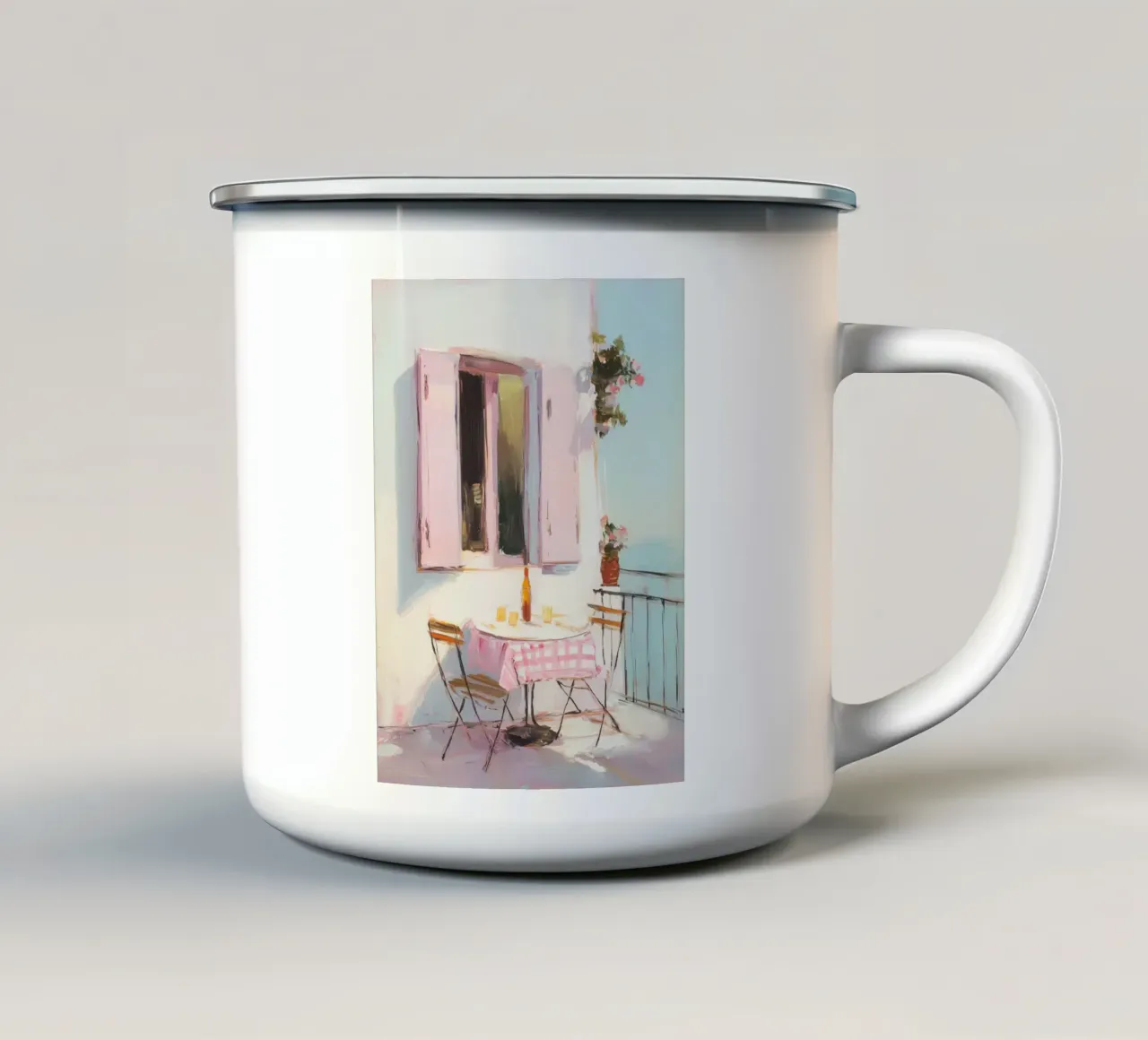 Zonneterras in roze emaille mok van Carina Pop & Pastell