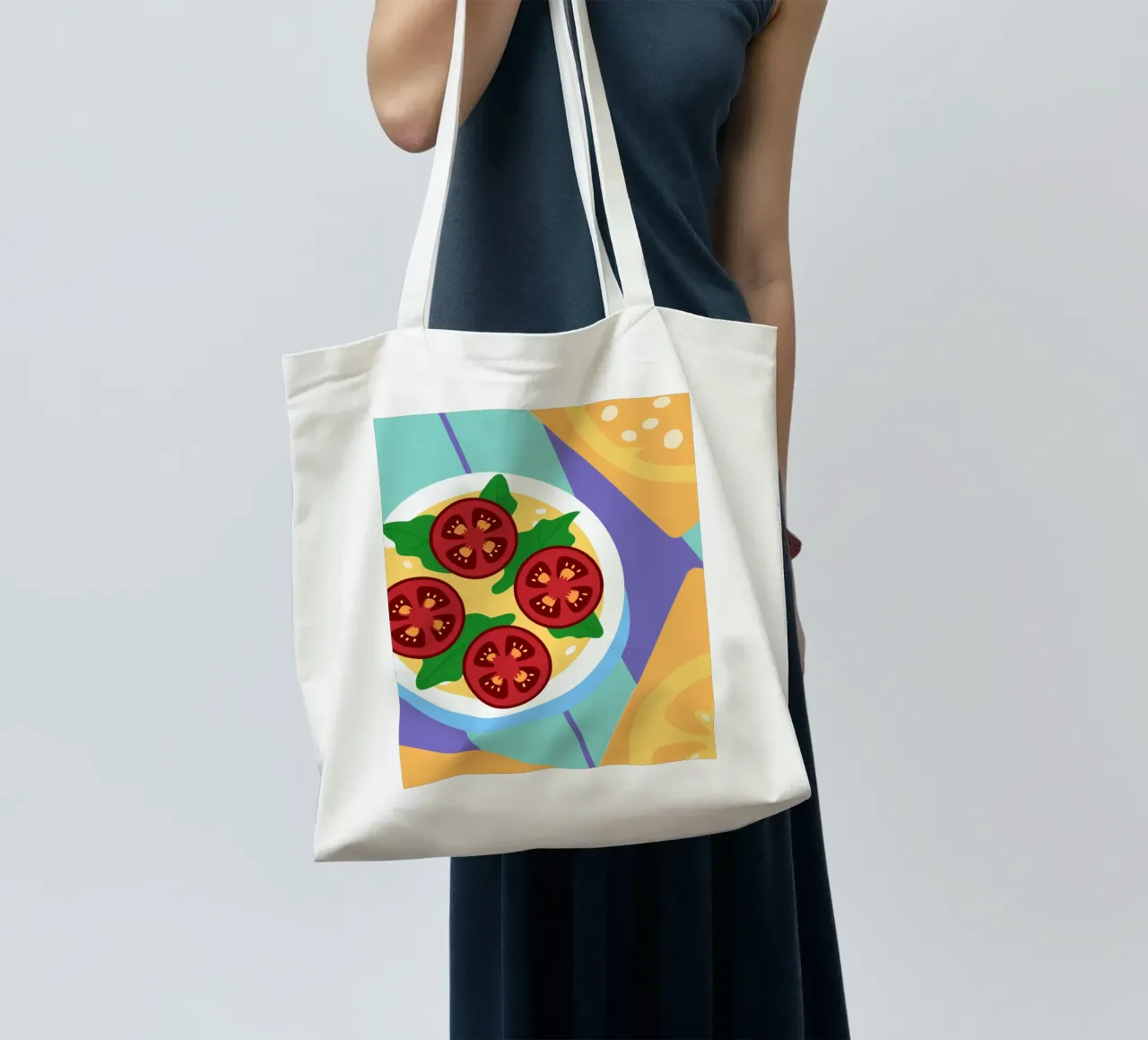 Ciotola di zuppa di pomodoro fresco con foglie verdi borsa in juta da OFFICIAL FRUIT & VEGETABLES