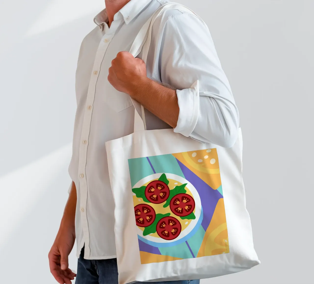 Ciotola di zuppa di pomodoro fresco con foglie verdi borsa in juta da OFFICIAL FRUIT & VEGETABLES