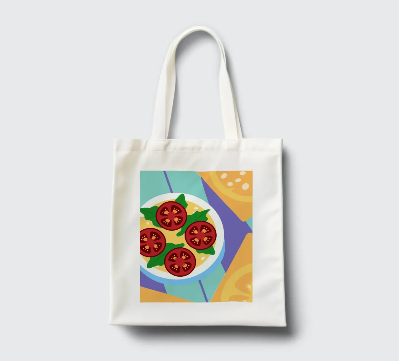 Ciotola di zuppa di pomodoro fresco con foglie verdi borsa in juta da OFFICIAL FRUIT & VEGETABLES