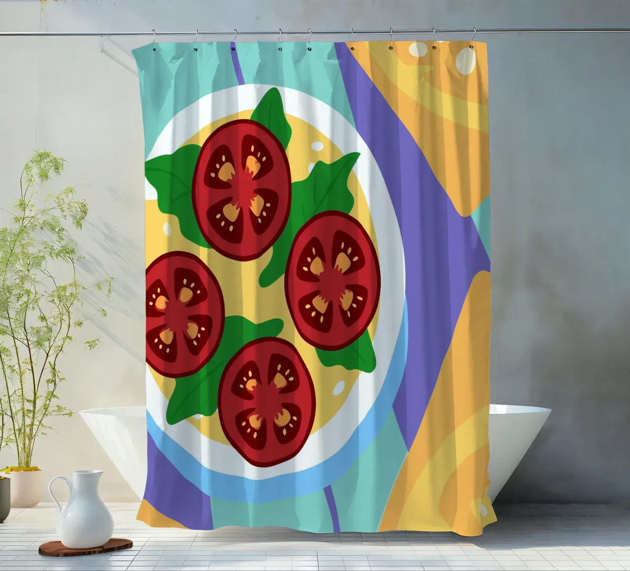 Ciotola di zuppa di pomodoro fresco con foglie verdi tenda da doccia da OFFICIAL FRUIT & VEGETABLES