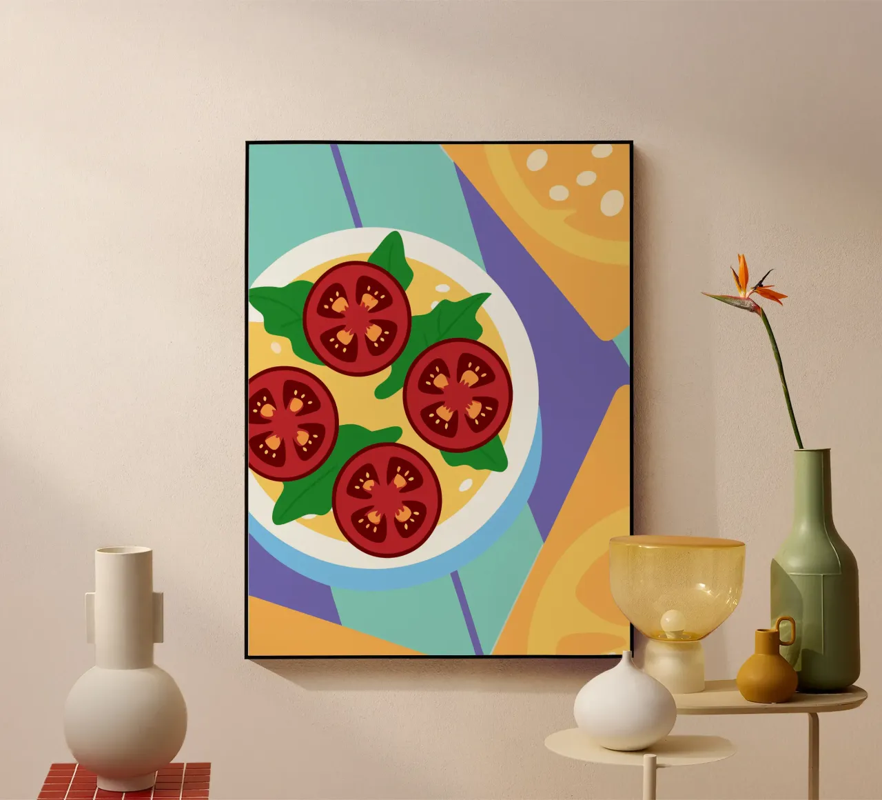 Ciotola di zuppa di pomodoro fresco con foglie verdi plexiglass da OFFICIAL FRUIT & VEGETABLES