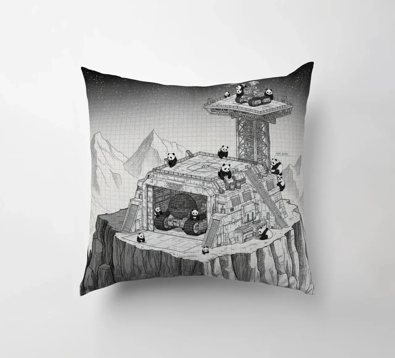 Space Station in Black and White. Pandas included kussen van ZEN VACATION