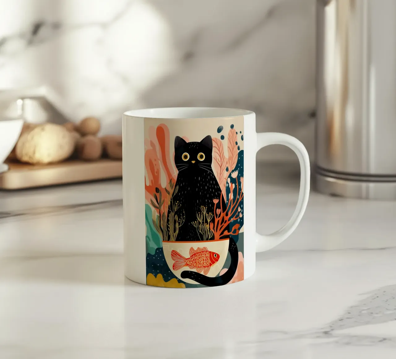 Black Cat and Goldfish tazza in ceramica da Luca